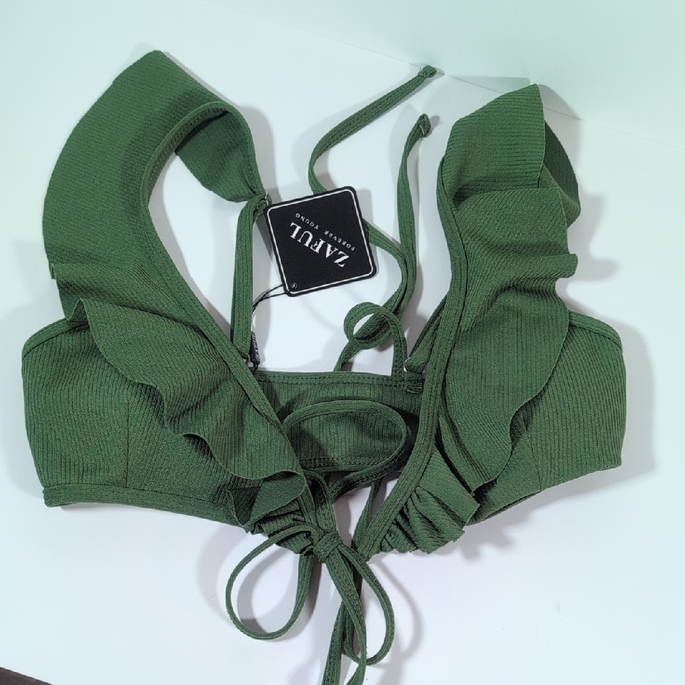 Zaful Olive Ruffle Bikini Top Size NWT